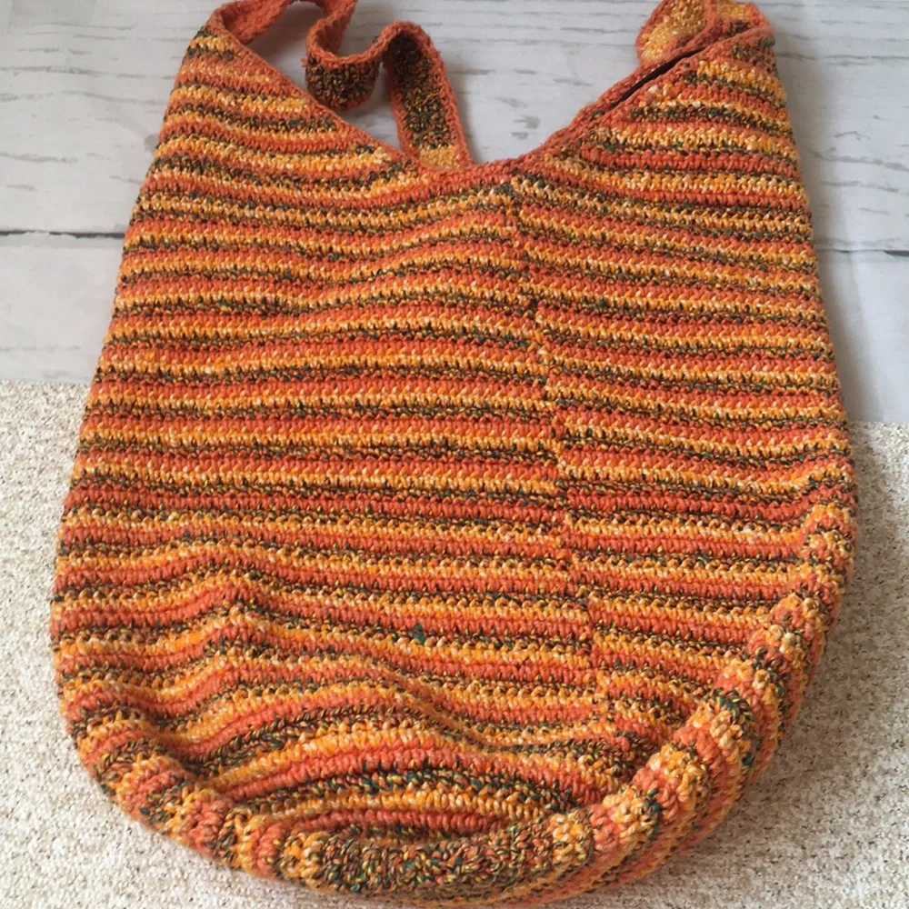 Vintage Macrame Crochet Hobo Bag Orange Yellow Green Festival Handmade - Picture 3 of 8